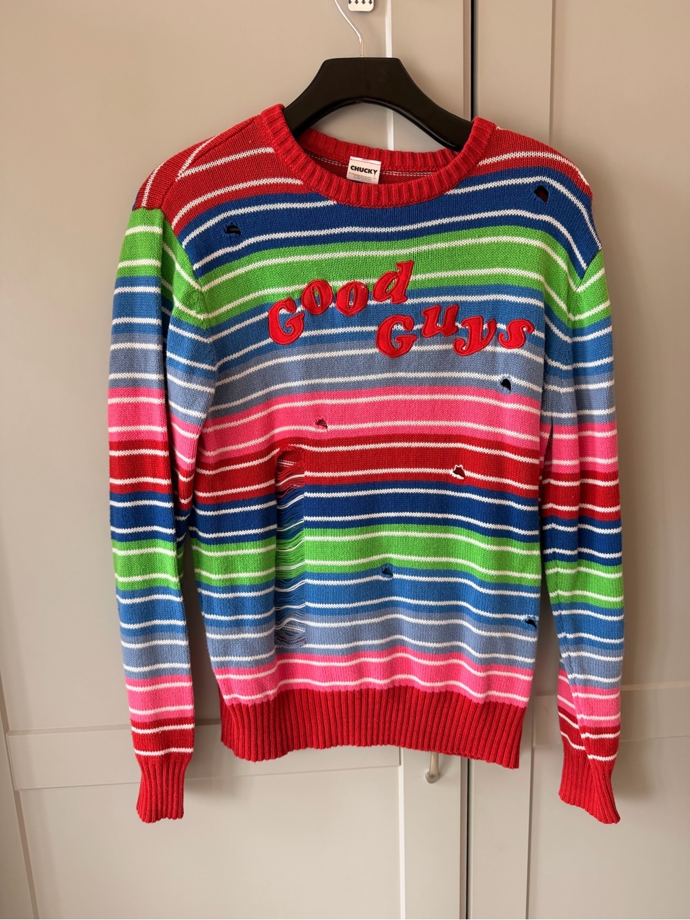 Chucky Good Guys sweater with horizontal stripes in multiple colors, size M